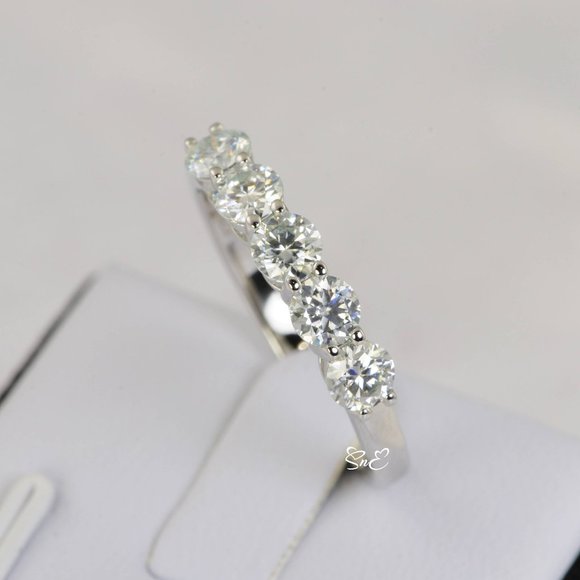 Certified Moissanite Ring .50 ct. Round Brilliant Cut 5 Stone Band Ring - Picture 1 of 7